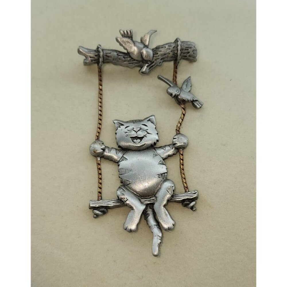 Vtg JJ Jonette Pewter Brooch Pin Articulated Swinging‎ Cat Birds Silver Toned